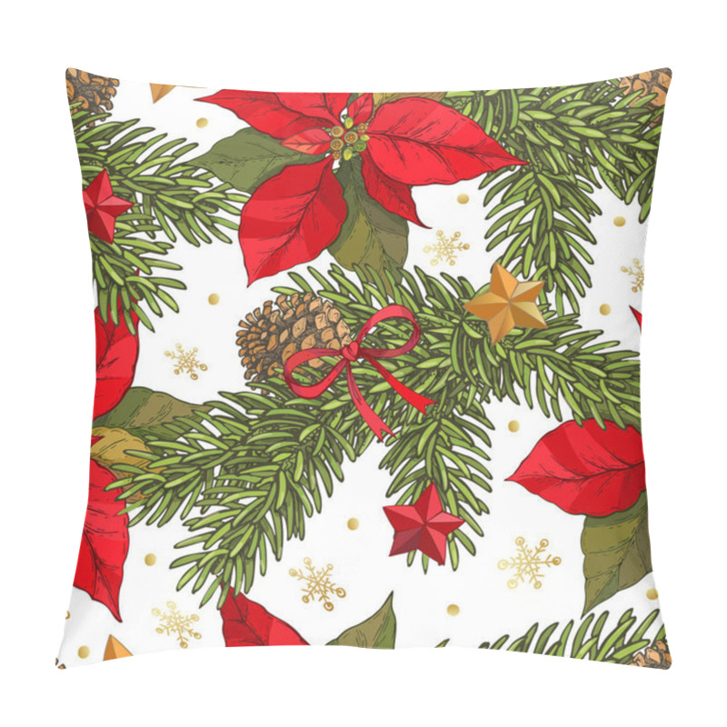 Personality  Vector Seamless Christmas Background With Hand Drawn With Spruce Branches, Cones, Poinsettia Flowers, Red And Gold Stars, Red Bows And Gold Snowflakes On White Background. New Year Pattern With Fluffy Pillow Covers