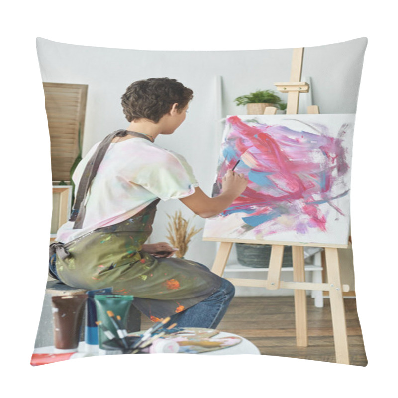 Personality  The Young Woman Focuses Intently As She Brings Her Creative Vision To Life With Bold Brush Strokes. Pillow Covers