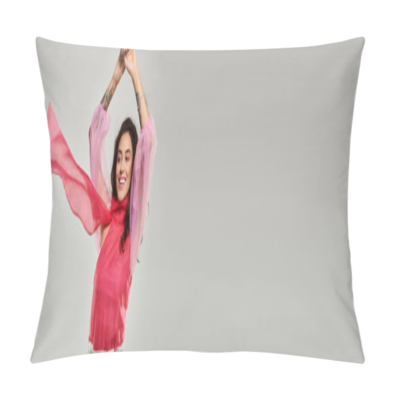 Personality  Woman With Flowing Scarf Dances Joyfully, Showcasing Her Beauty And Enthusiasm Indoors. Pillow Covers