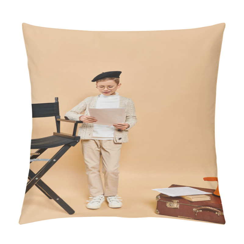 Personality  Preadolescent Boy In Film Director Costume Holds Paper Next To Chair. Pillow Covers