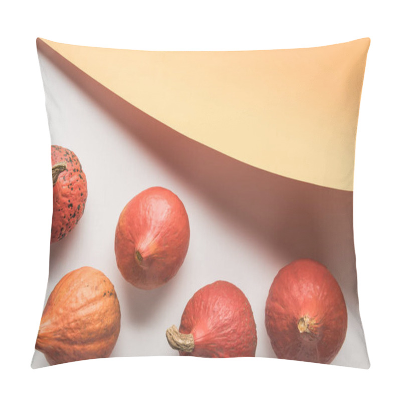 Personality  Top View Of Ripe Pumpkins On White Background With Orange Paper Pillow Covers