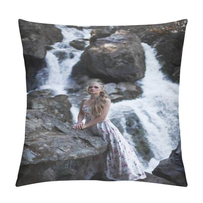 Personality  Girl On The Background Of A Waterfall In The Altai Mountains. Tale Of The River Nymph. Fairytale Photo Shoot. The Story Of Magic. Pillow Covers