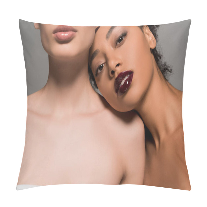 Personality  Cropped View Of Nude Multicultural Women, Isolated On Grey Pillow Covers