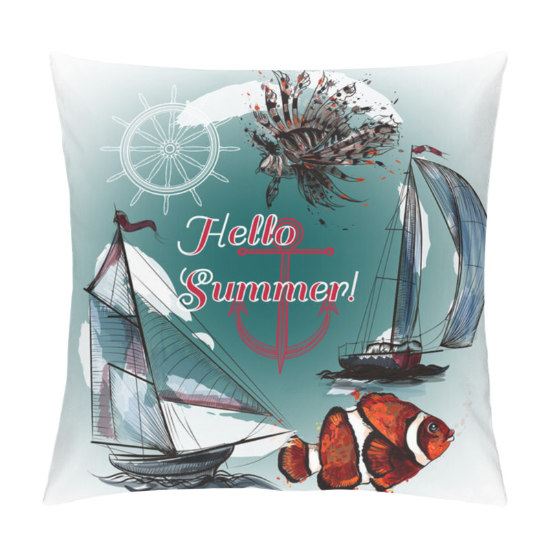 Personality  Sea Vector Background With Fishes And Ship In Engraved Style Hel Pillow Covers