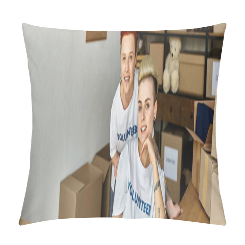 Personality  Young Lesbian Couple, Donning Volunteer T-shirts, Passionately Engaging In Charity Work Together. Pillow Covers