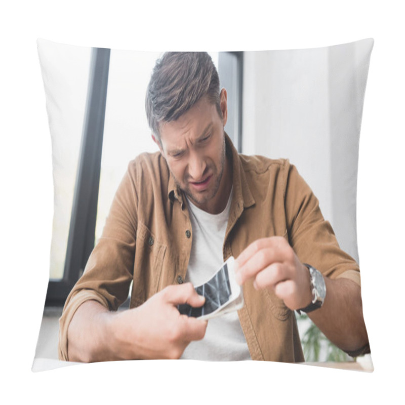 Personality  Irritated Businessman With Smartphone Removing Damaged Touchscreen With Blurred Window On Background Pillow Covers