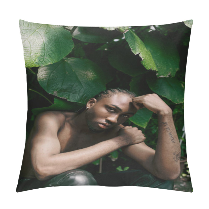 Personality  Shirtless Man With Dapper Style Relaxing By Lush Green Leaves. Pillow Covers