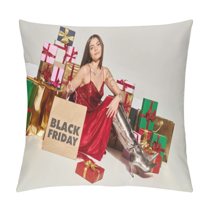 Personality  Attractive Woman Sitting Next To Presents Showing Shopping Bag At Camera, Black Friday Concept Pillow Covers