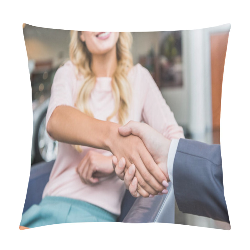 Personality  Cropped Shot Of Dealership Salon Shop Assistant And Female Customer Shaking Hands In Auto Salon Pillow Covers