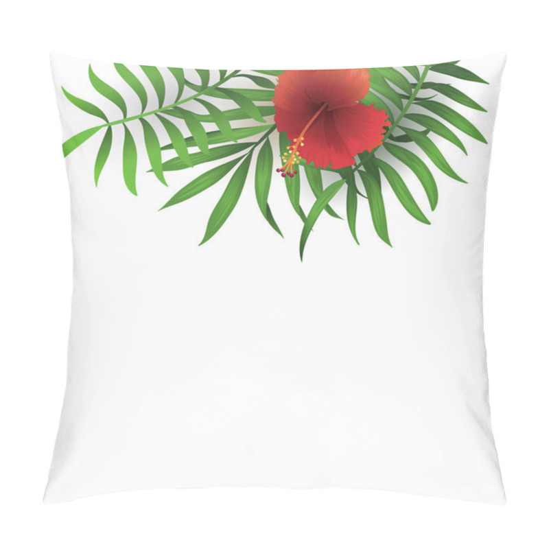 Personality  Red Hibiscus Flower And Palm Leaves Isolated On White Background Pillow Covers