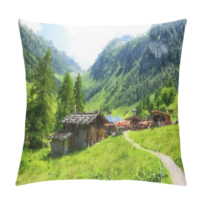 Personality  Oil Painting Canvas Of Austrian Tirol Farmland In High Tauern Mountain Range. Pillow Covers