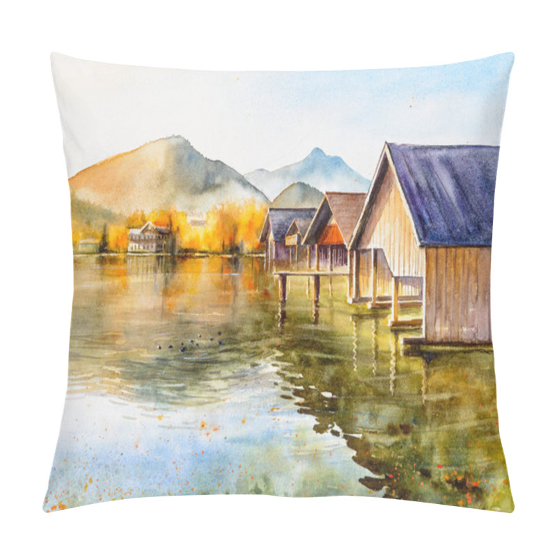 Personality  Yacht Dock On The Lake. Misty Morning On The Lake Grundlsee Location: Resort Grundlsee, Liezen District Of Styria, Austria, Alps. Europe.Pictute Created With Watercolors. Pillow Covers