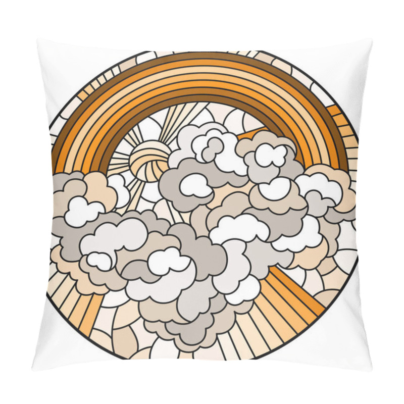 Personality  Illustration In Stained Glass Style With Celestial Landscape, Sun And Clouds On Rainbow Background, Round Image, Tone Brown Sepia Pillow Covers