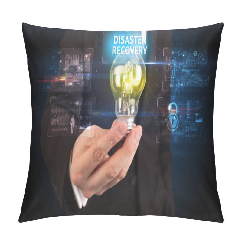 Personality  Businessman Holding Lightbulb With DISASTER RECOVERY Inscription, Online Security Idea Concept Pillow Covers