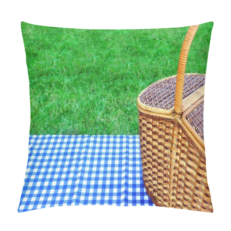 Personality  Picnic Basket On The Table With Blue White Tablecloth Pillow Covers