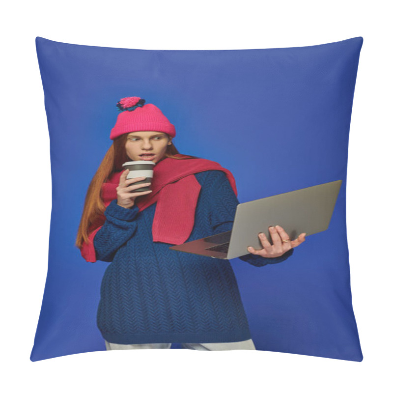 Personality  A Young Man With Long Red Hair Holds Coffee And Uses His Laptop, Expressing Deep Emotions. Pillow Covers