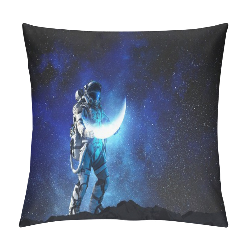 Personality  Spaceman Carrying His Mission. Mixed Media Pillow Covers