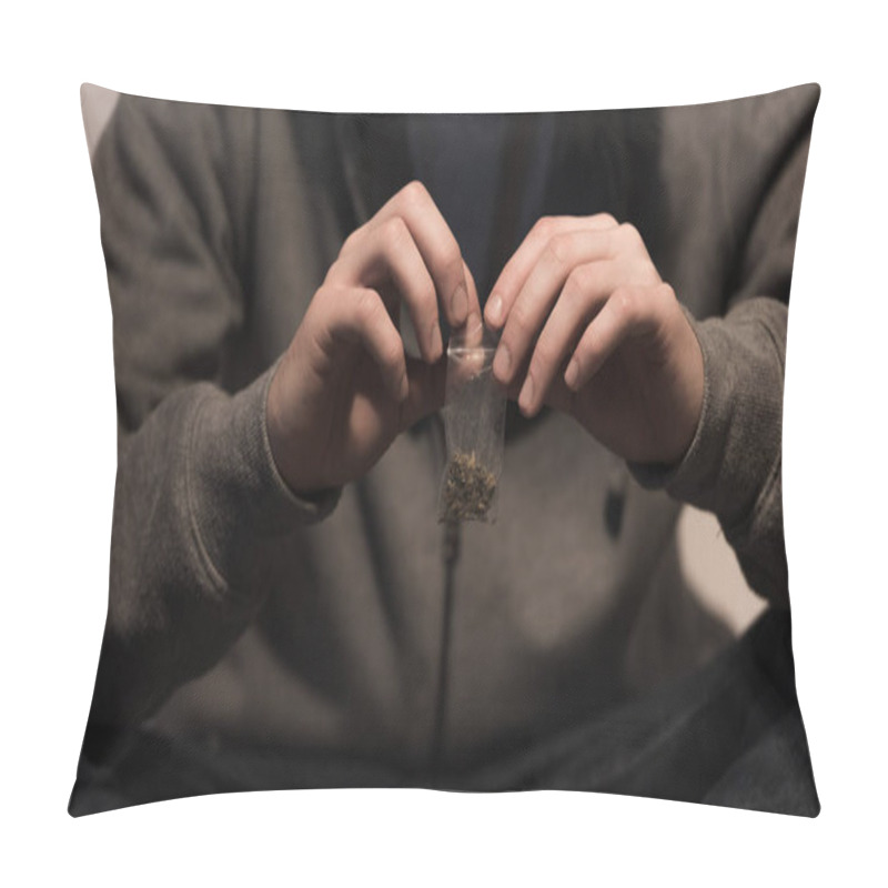 Personality  Selective Focus Of Junkie Man Opening Pack With Marijuana Pillow Covers