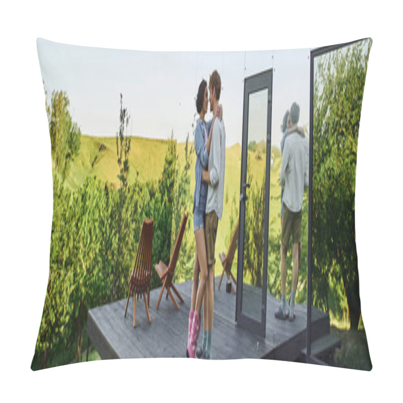 Personality  Interracial Couple Hugging On Porch Near Modern Glass House, Romantic Date In Countryside, Banner Pillow Covers