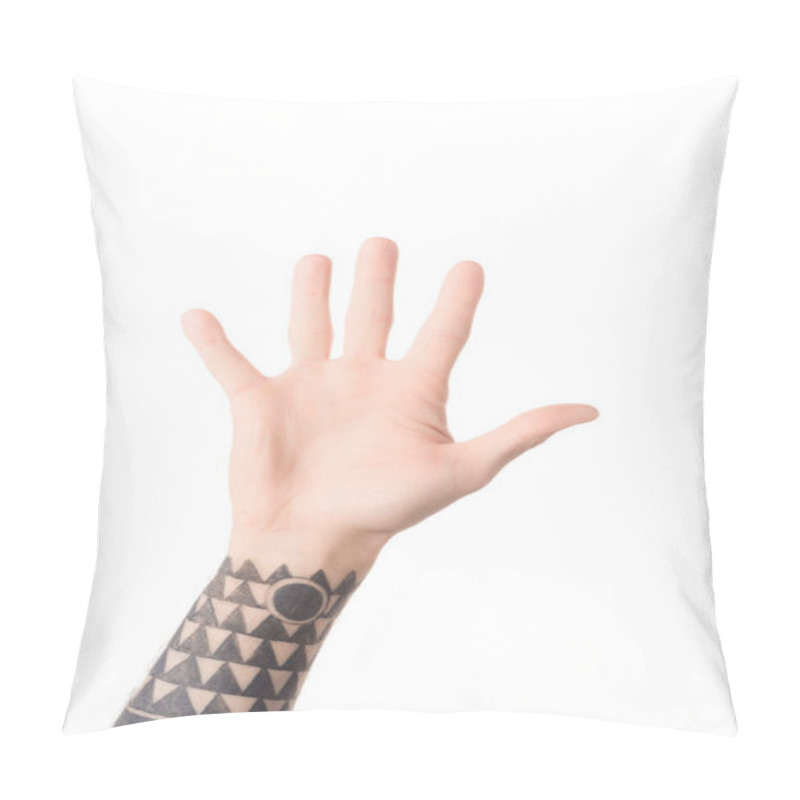 Personality  Partial View Of Tattooed Man Showing Number 5 In Sign Language Isolated On White Pillow Covers