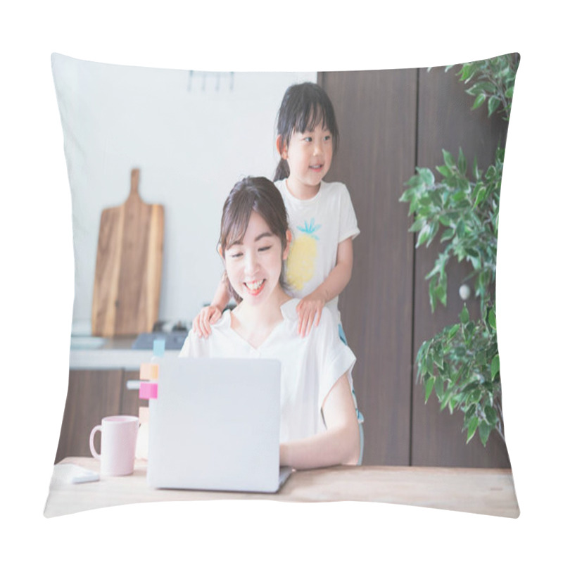 Personality  Asian Woman Doing Telework In Home Room While Playing With Her Daughter Pillow Covers