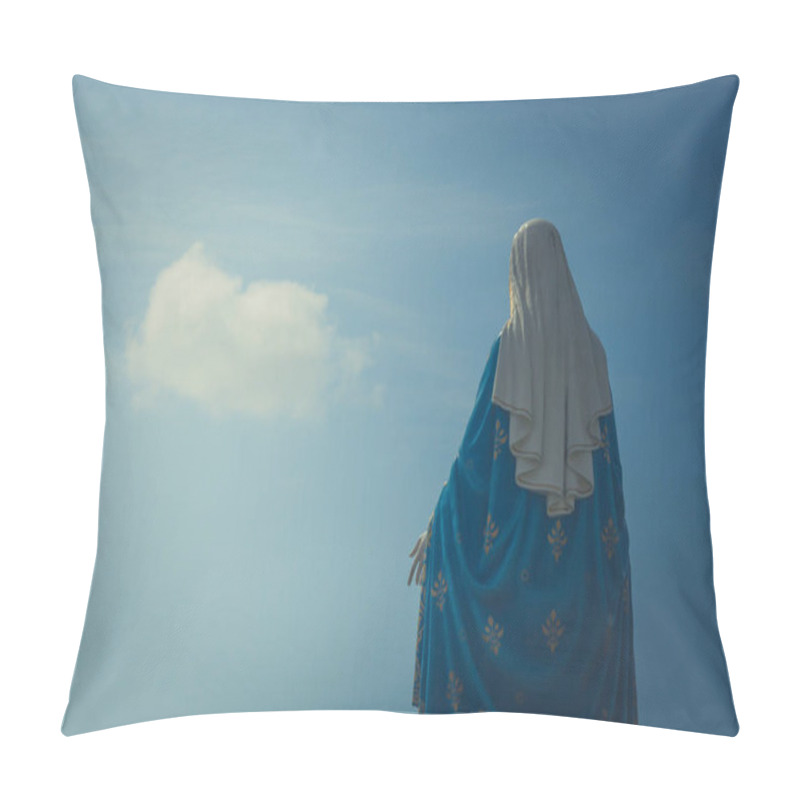 Personality  The Blessed Virgin Mary Statue Standing In Front Of The Cathedral Of The Immaculate Conception At The Roman Catholic Diocese With Crucifix And Blue Sky Background At Chanthaburi Province, Thailand. Pillow Covers