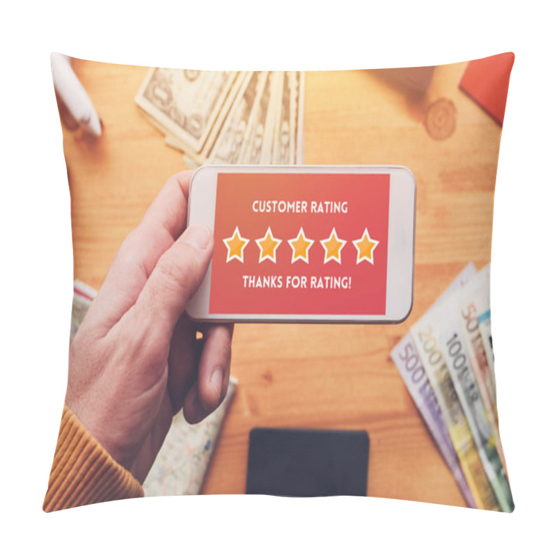 Personality  Thanks For Rating Message On Smartphone Screen In Male Hand. Customer Service Survey Feedback Concept. Pillow Covers