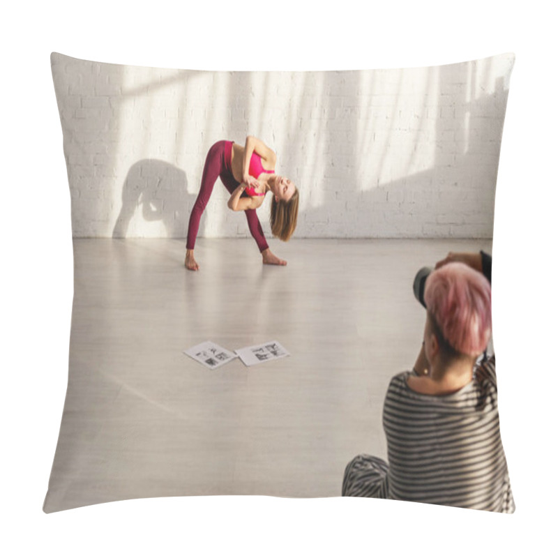 Personality  Selective Focus Of Sportive Woman With Barefoot Doing Yoga Exercise Near Photographer  Pillow Covers