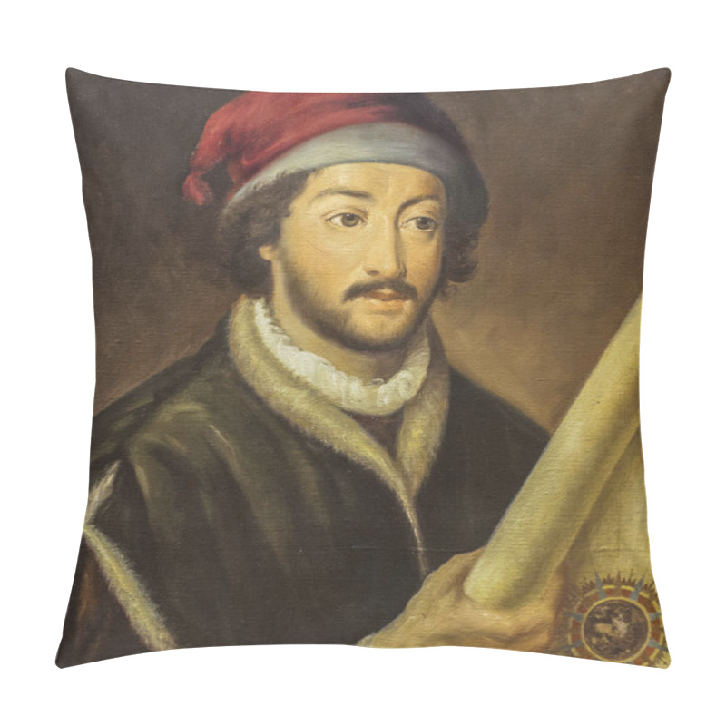 Personality  Juan De La Cosa Portrait. 15th Century Navigator And Cartographer. Painted By Luis Fernandez Gordillo In 1979. Naval Museum, Madrid Pillow Covers