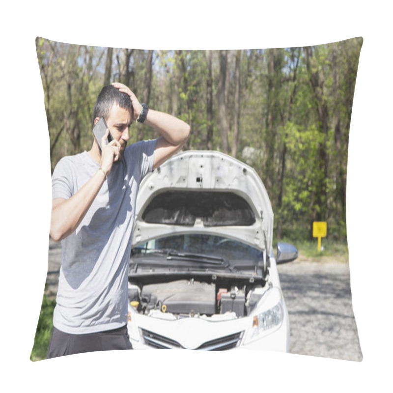 Personality  Young Man In Front Of Broken Down Car On The Road, Calling For HELP Pillow Covers