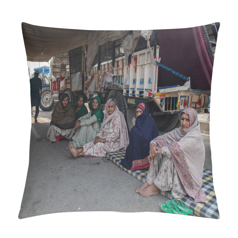 Personality  Portraits Of Indian Punjabi Female Farmers During The Protest At Delhi Border. Pillow Covers