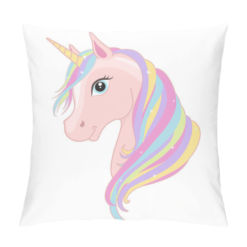 Personality  Pink Unicorn Head With Rainbow Mane And Horn Isolated On White Background. Vector Illustration.  Pillow Covers