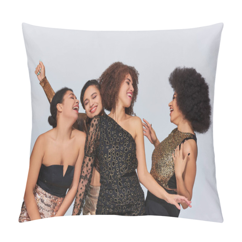 Personality  Four Appealing Young African American Female Friends Partying In Festive Attires, Fashion Concept Pillow Covers