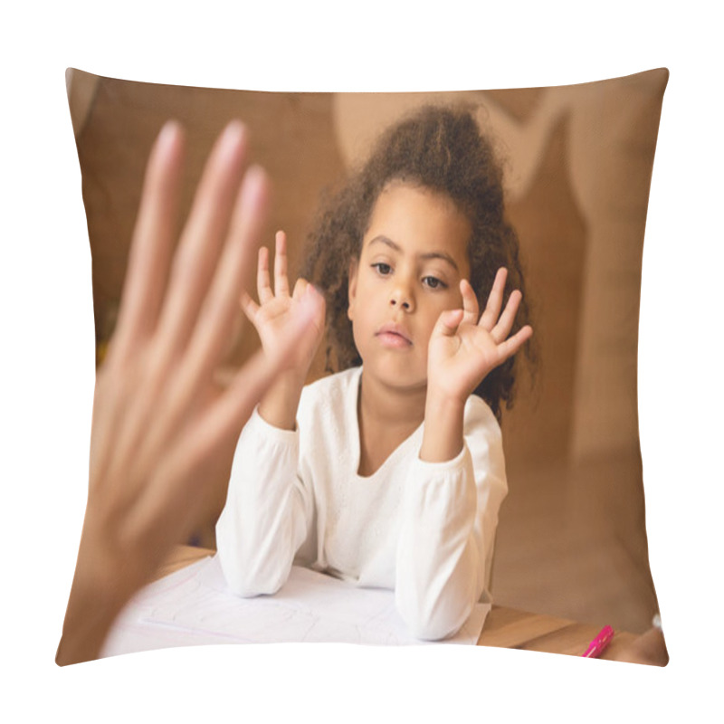 Personality  Cropped Image Of Educator Teaching African American Kid Numbers In Kindergarten Pillow Covers