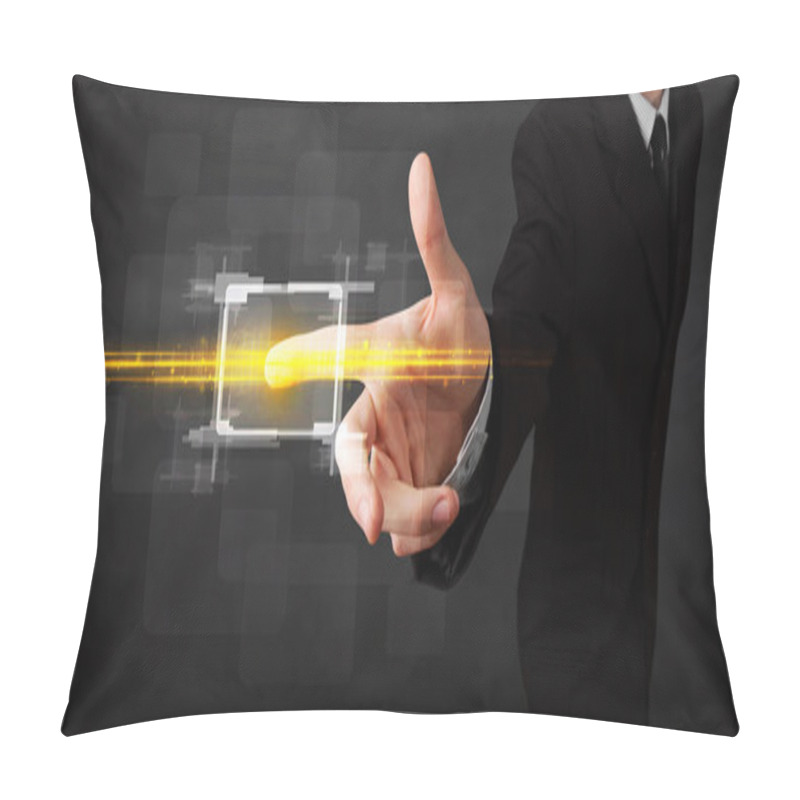 Personality  Tech Business Person Touching Button With Orange Light Beams Con Pillow Covers