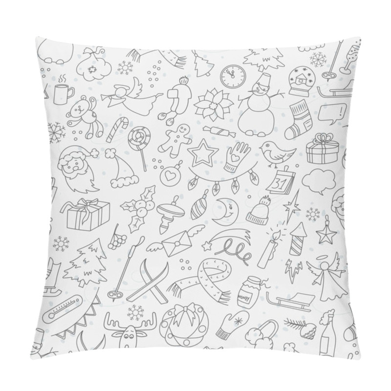 Personality  Seamless Pattern On New Year And Christmas Theme With Simple Hand-drawn Theme Icons, Dark Simple Outlines On White Background Pillow Covers