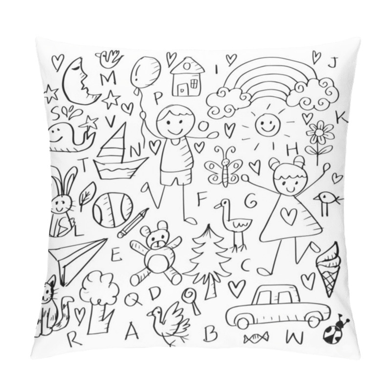 Personality  Cartoon Set Of Objects From A Child S Life. Black And White. Pillow Covers