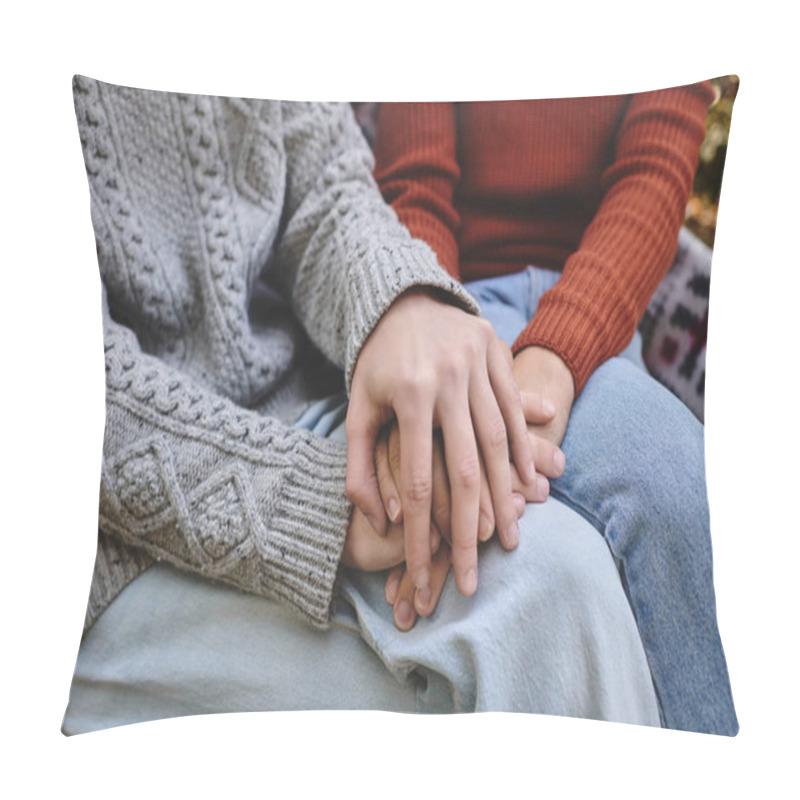 Personality  In A Vibrant Autumn Park, Young Loving Gay Couple Showcase Their Affection By Holding Hands, Adorned In Warm, Cozy Sweaters. Pillow Covers