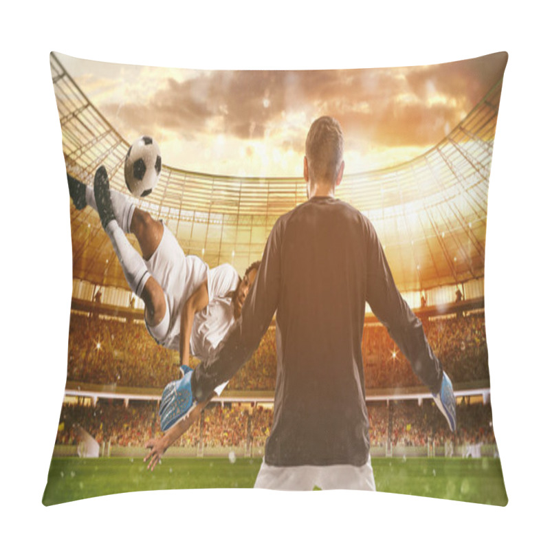 Personality  Soccer Striker Hits The Ball With An Acrobatic Kick In The Air At The Stadium Pillow Covers