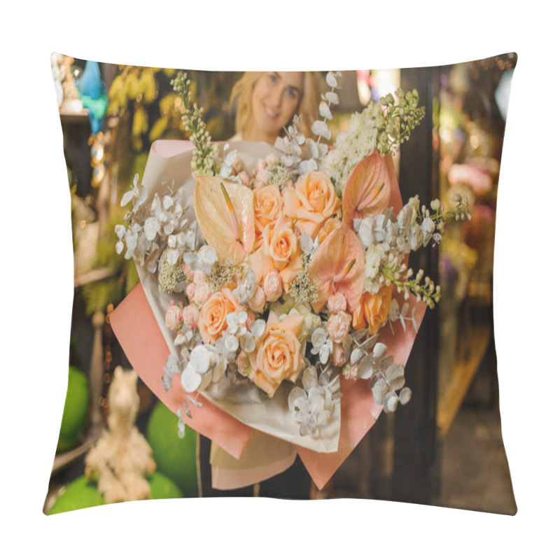 Personality  Close-up Of Floral Bouquet Of Calla Lilies And Orange Roses And Eucalyptus Wrapped In Paper Pillow Covers