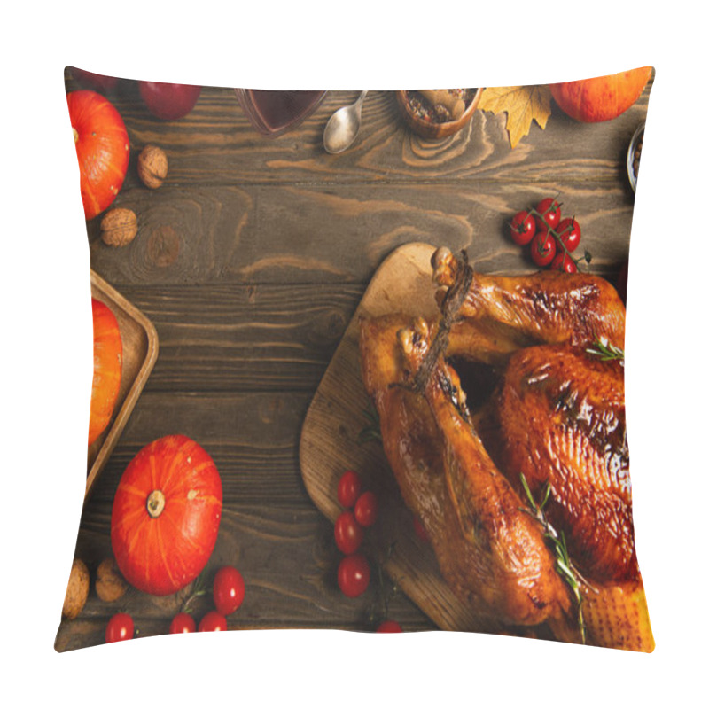 Personality  Thanksgiving Dinner, Roasted Turkey Near Pumpkins And Spices On Wooden Table With Autumnal Decor Pillow Covers