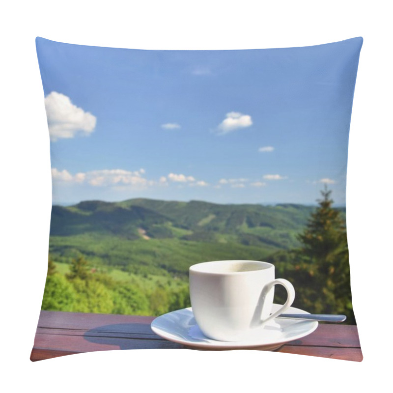 Personality  Morning Cup Of Coffee With A Beautiful Mountain Landscape Background. White Cup And Saucer - Espresso On A Wooden Table. Pillow Covers