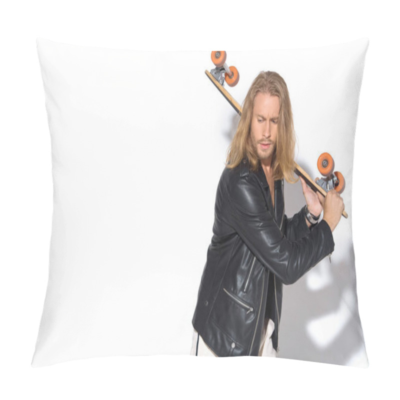 Personality  Attractive Young Man In Leather Jacket With Longboard On White Pillow Covers