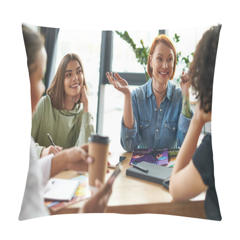 Personality  Excited Redhead And Tattooed Woman Gesturing And Talking To Multiethnic Girlfriends Near Magazines On Table In Women Interest Club, Blurred Foreground, Knowledge-sharing And Socializing Concept Pillow Covers