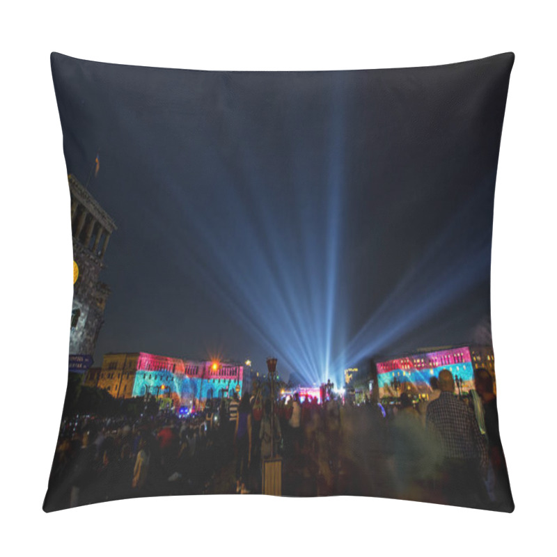 Personality  Beautiful Light Show During A Concert At Night. Republic Square In Yerevan, Armenia. Celebration The Day Of Armenian First Republic On May 28. (Streets Names Are Written In Armenian And English On The Blue Sign) Pillow Covers