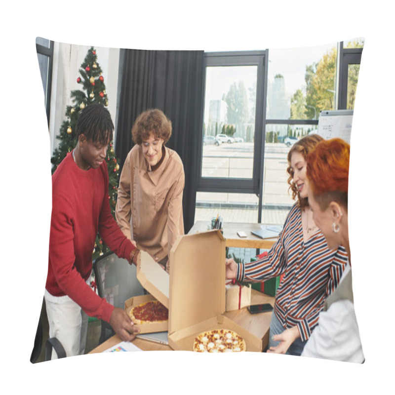 Personality  A Group Of Young Colleagues Enjoys A Christmas Celebration In Their Office While Sharing Pizza. Pillow Covers