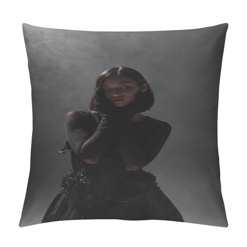 Personality  Brunette Asian Model With Closed Eyes Posing In Black Gothic Outfit On Dark Grey With Smoke Pillow Covers