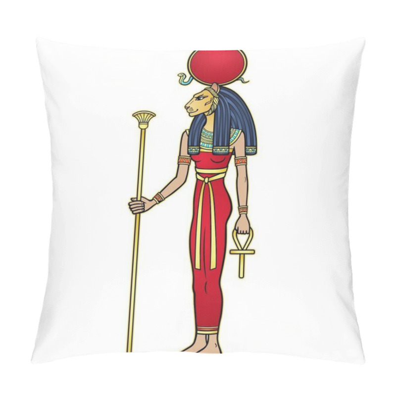 Personality  Animation Portrait Ancient Egyptian Goddess Sehmet (Tefnut) Holds Symbols Of Power: Staff And Cross. Sacred Woman Lioness. Lord Of Fire, Desert And War.Vector Illustration Isolated On A White  Pillow Covers