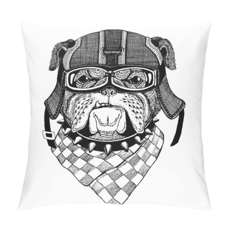 Personality  Bulldog, Dog. Animal Wearing Motorycle Helmet. Image For Kindergarten Children Clothing, Kids. T-shirt, Tattoo, Emblem, Badge, Logo, Patch Pillow Covers