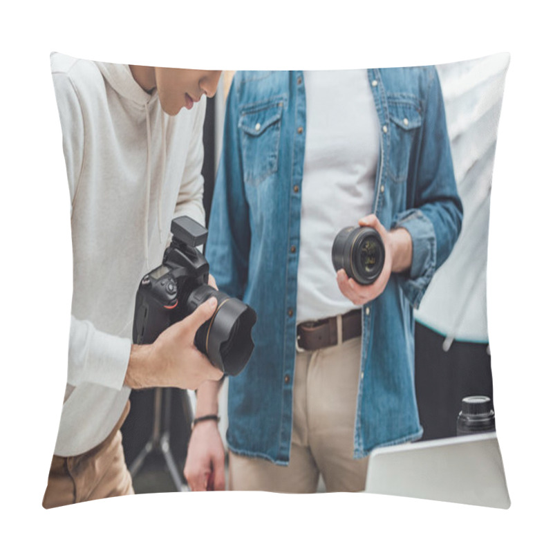 Personality  Cropped View Of Art Director Holding Photo Lens Near Photographer  Pillow Covers